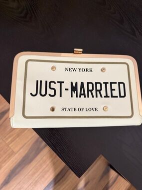 Aldo “JUST-MARRIED” license plate ivory & Gold Hardcase Clutch and crossbody bag